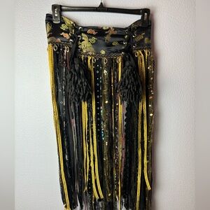 Vintage Gypsy Boho Tribal Belky Dancing Stevie Nicks Black and Gold Tassel Skirt